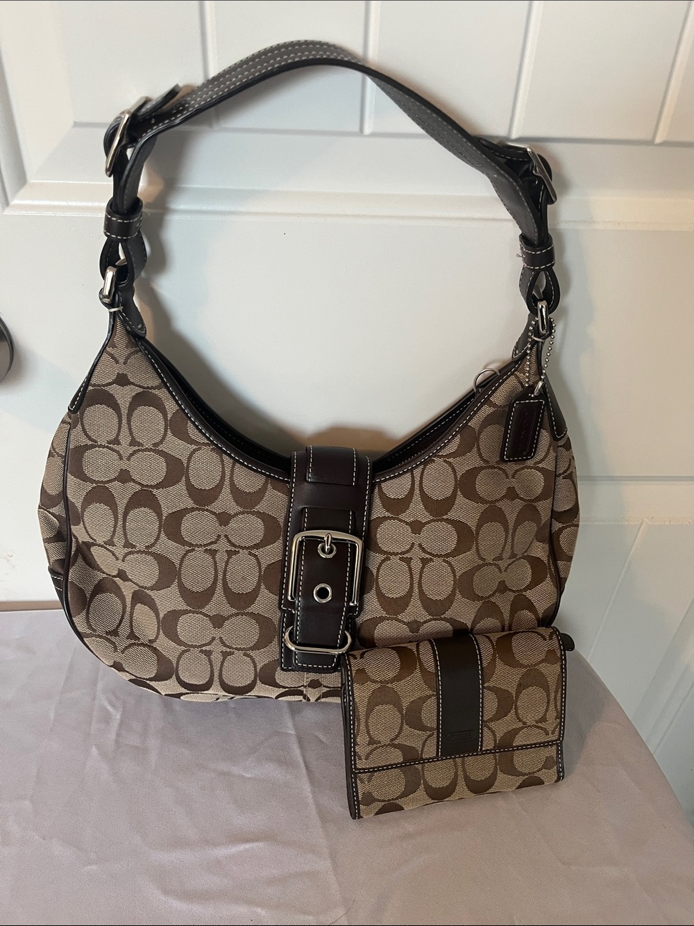 Coach Signature Canvas Shoulder Bag in Brown with Matching Wallet